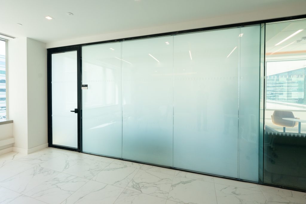 MetroWall's HUSH Series and Serene Door with smart glass (aka switchable glass).